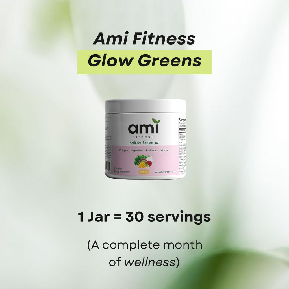 Ami Fitness Glow Greens mango smoothie showcases a bright, nourishing start