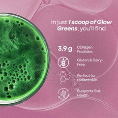 Pouring Ami Fitness Glow Greens into a glass shows a mango juice mix
