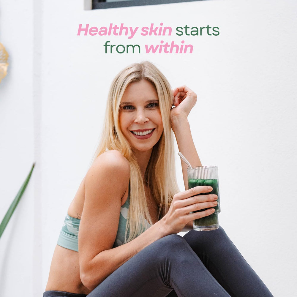 Probiotics capsules paired with Ami Fitness Glow Greens suggest a gut-friendly daily routine