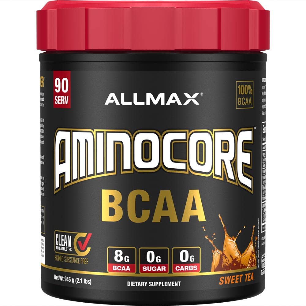 Front view of ALLMAX AMINOCORE BCAA powder container in Sweet Tea flavor