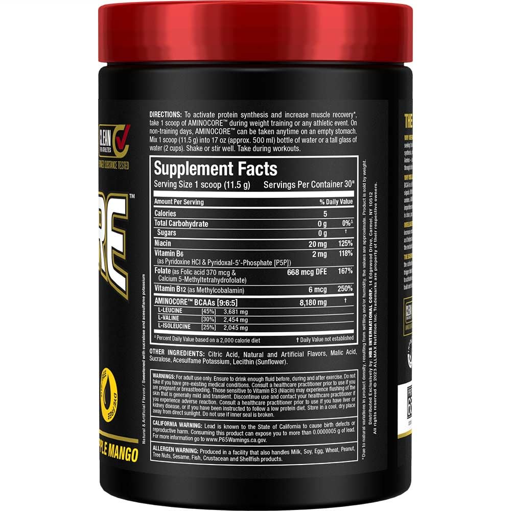 Back view of ALLMAX AMINOCORE BCAA powder Pineapple Mango 315 g tub