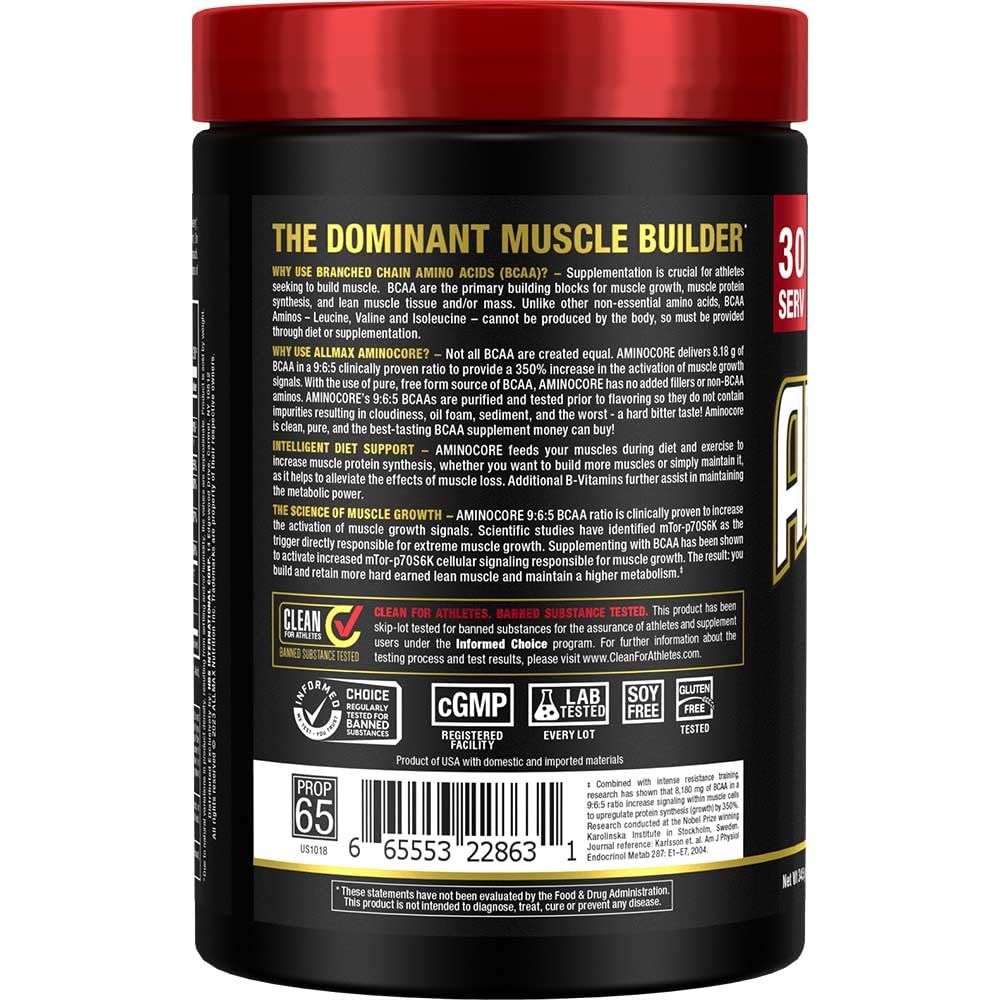 Side view of ALLMAX AMINOCORE BCAA powder Pineapple Mango 315 g tub
