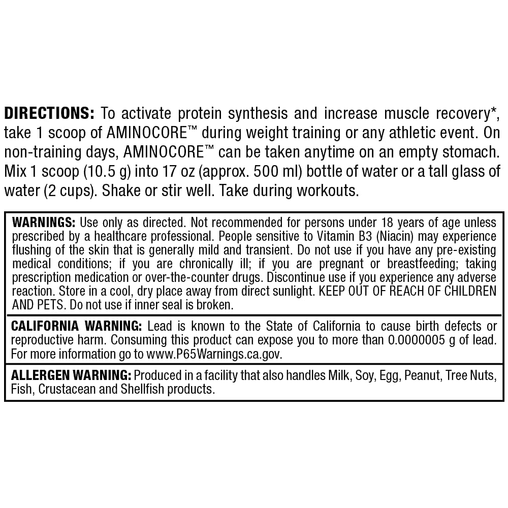 Nutrition facts panel of AMINOCORE