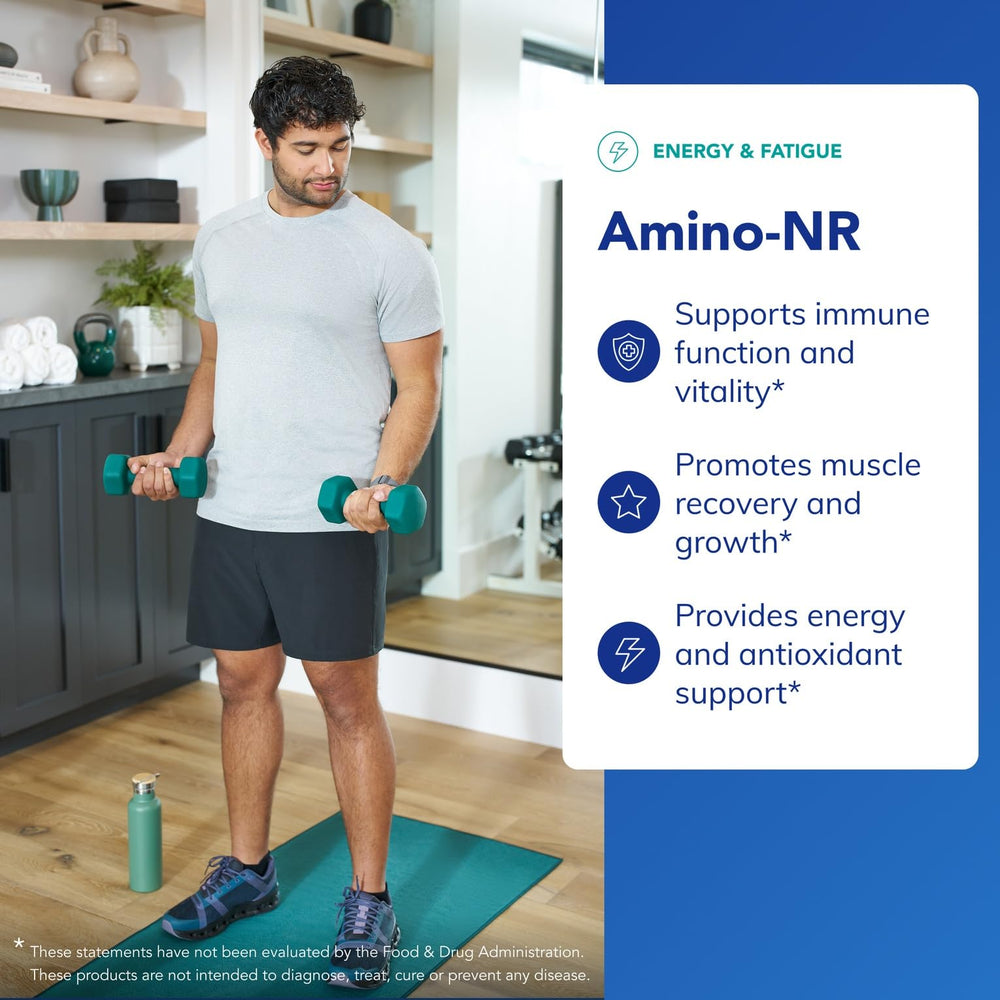 Amino-NR capsules closeup for convenient daily recovery and performance support.