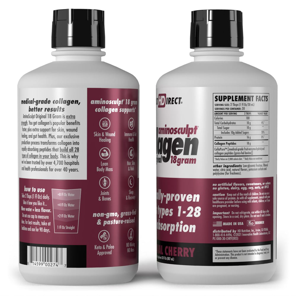 Front view of AminoSculpt Liquid Collagen Original Cherry bottle with label