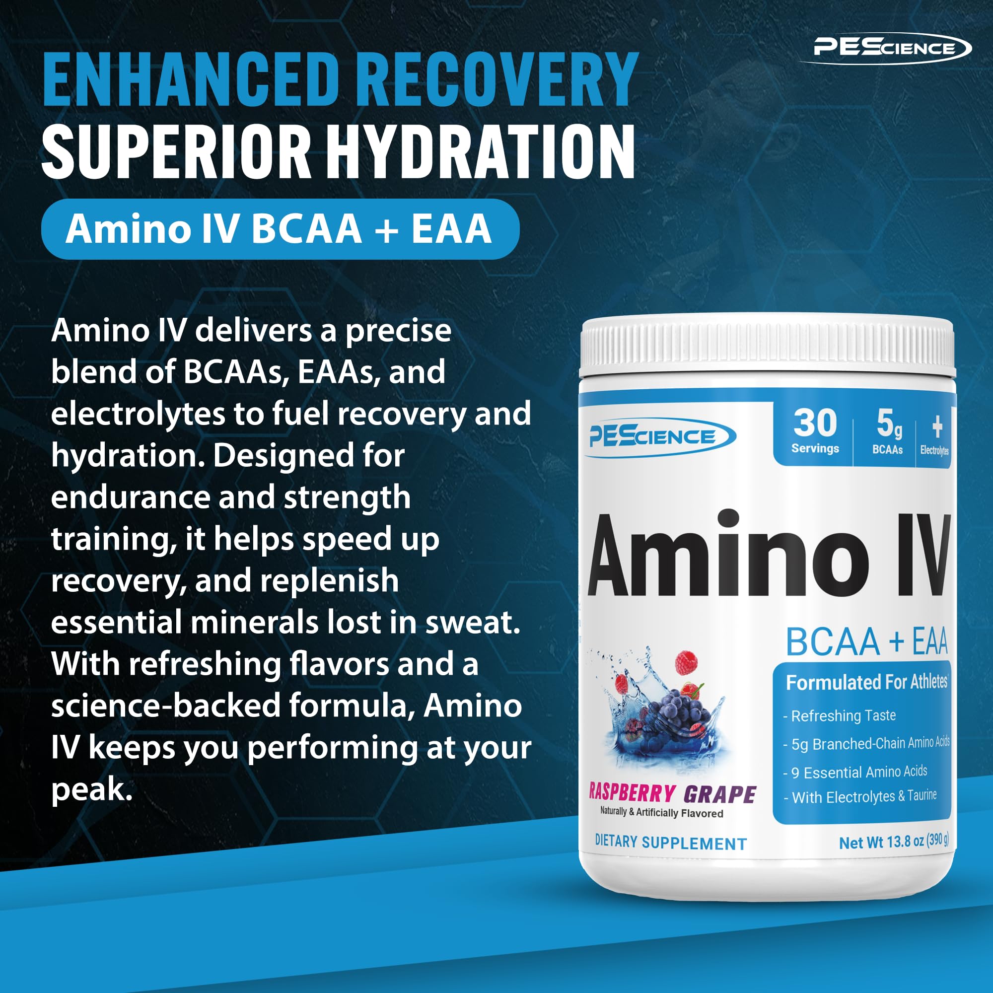 Close-up of ingredients including BCAA, EAA and electrolytes in Amino IV