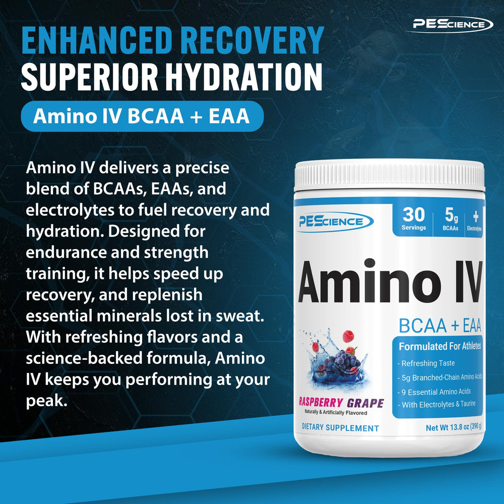 Close-up of ingredients including BCAA, EAA and electrolytes in Amino IV