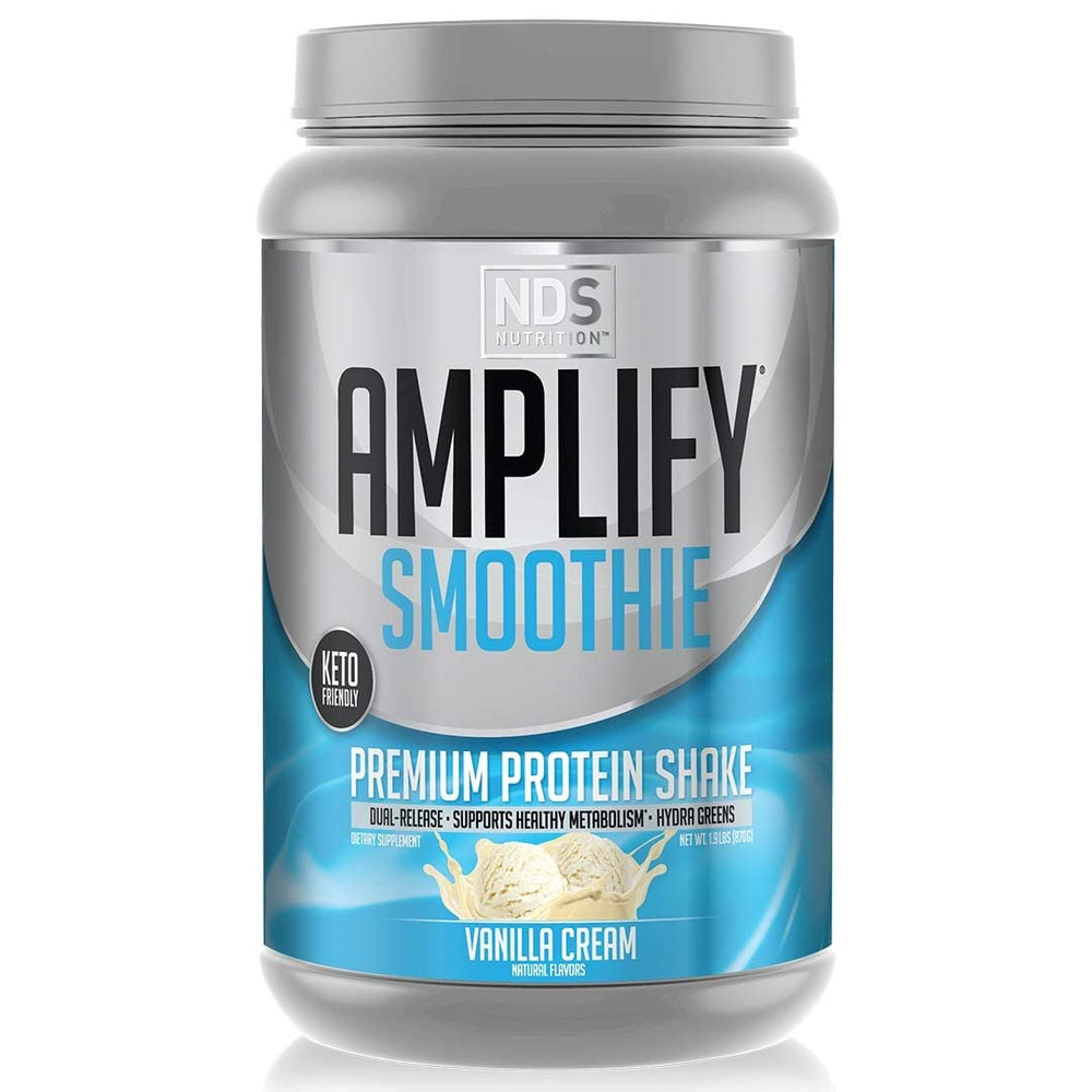 AMPLIFY NDS Nutrition Smoothie vanilla tub showing premium protein blend for lean muscle support
