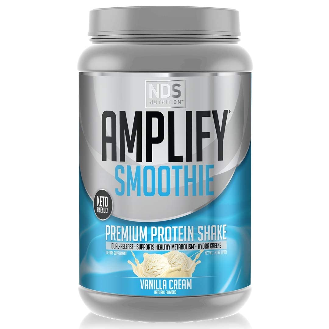 AMPLIFY NDS Nutrition Smoothie vanilla tub showing premium protein blend for lean muscle support