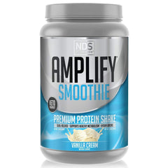 AMPLIFY NDS Nutrition Smoothie vanilla tub showing premium protein blend for lean muscle support
