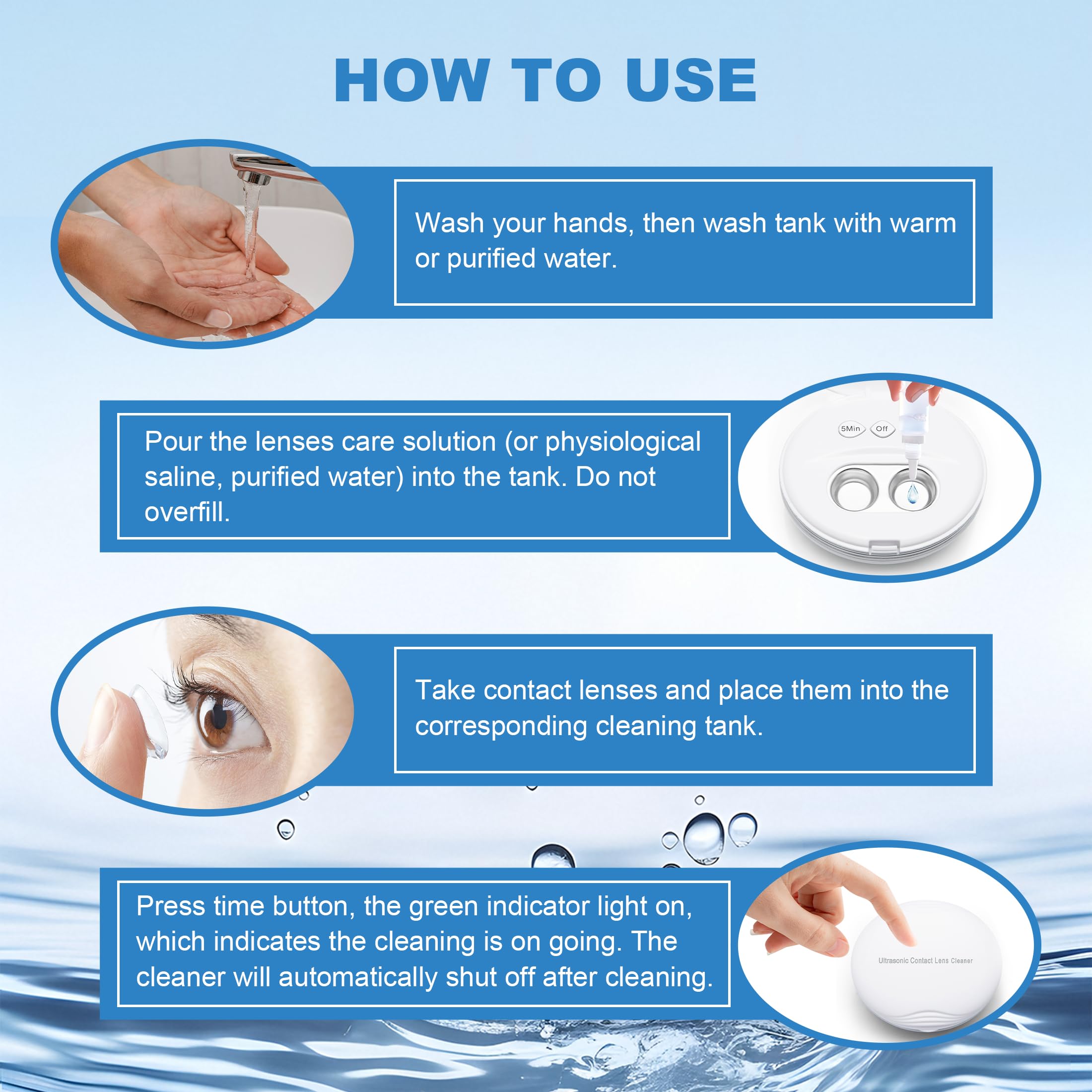 Safe ultrasonic cleaning for hard and soft contact lenses