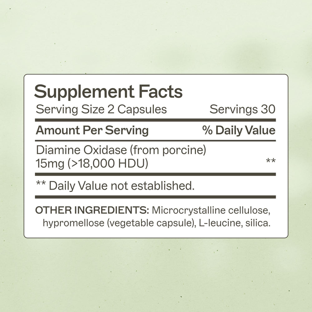 Close-up of Histazyme DAO bottle label showing diamine oxidase (DAO)