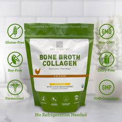 Organic chicken bone broth collagen powder container on kitchen counter