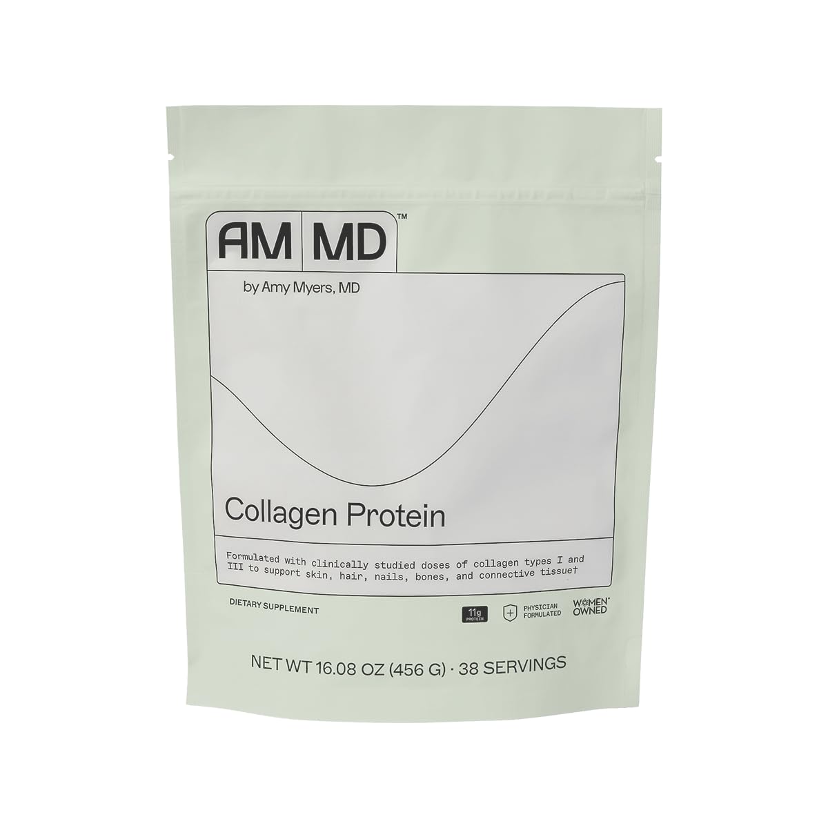 Amy Myers MD Collagen Protein Powder tub label showing Type I & III collagen