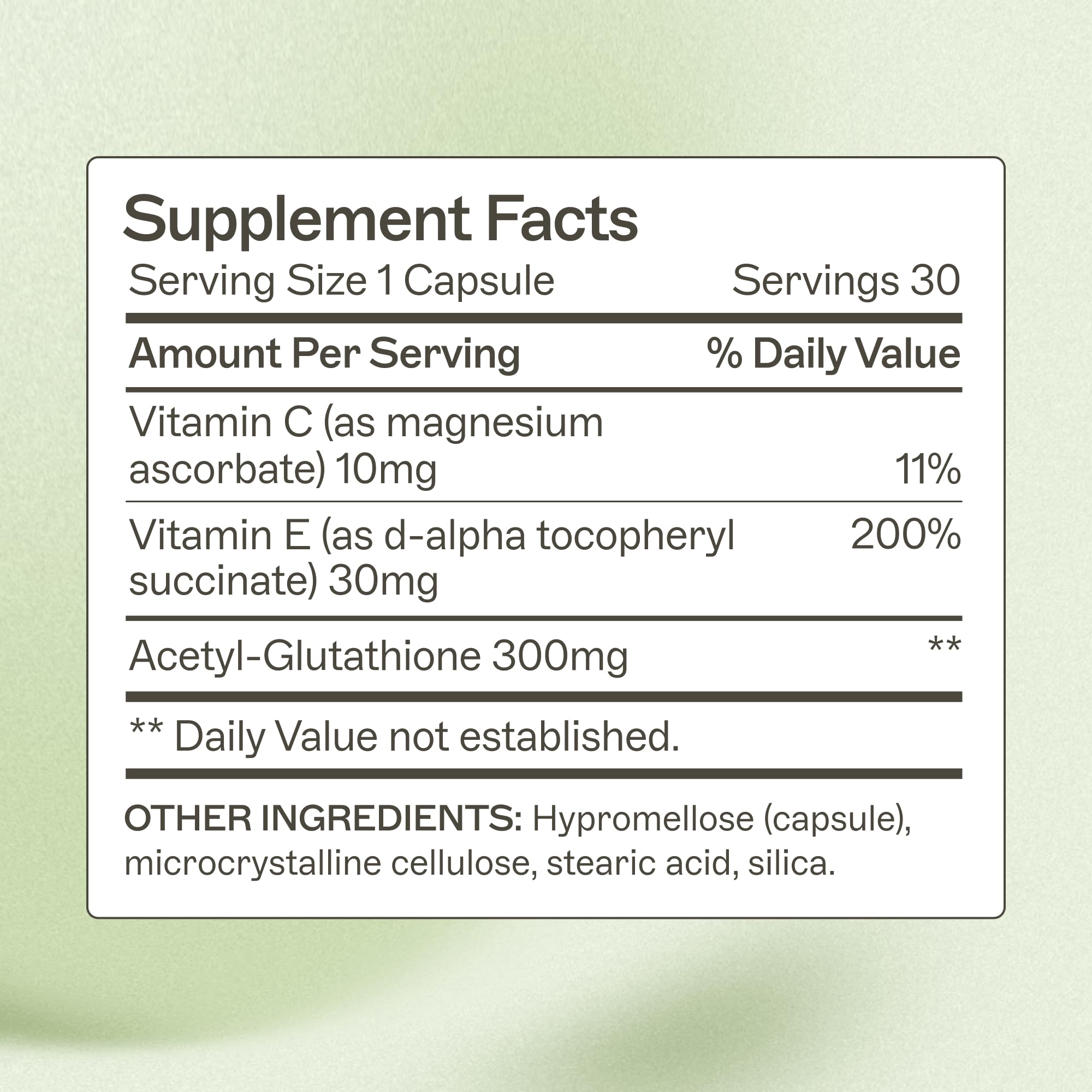 Close-up of the product label featuring acetyl-glutathione