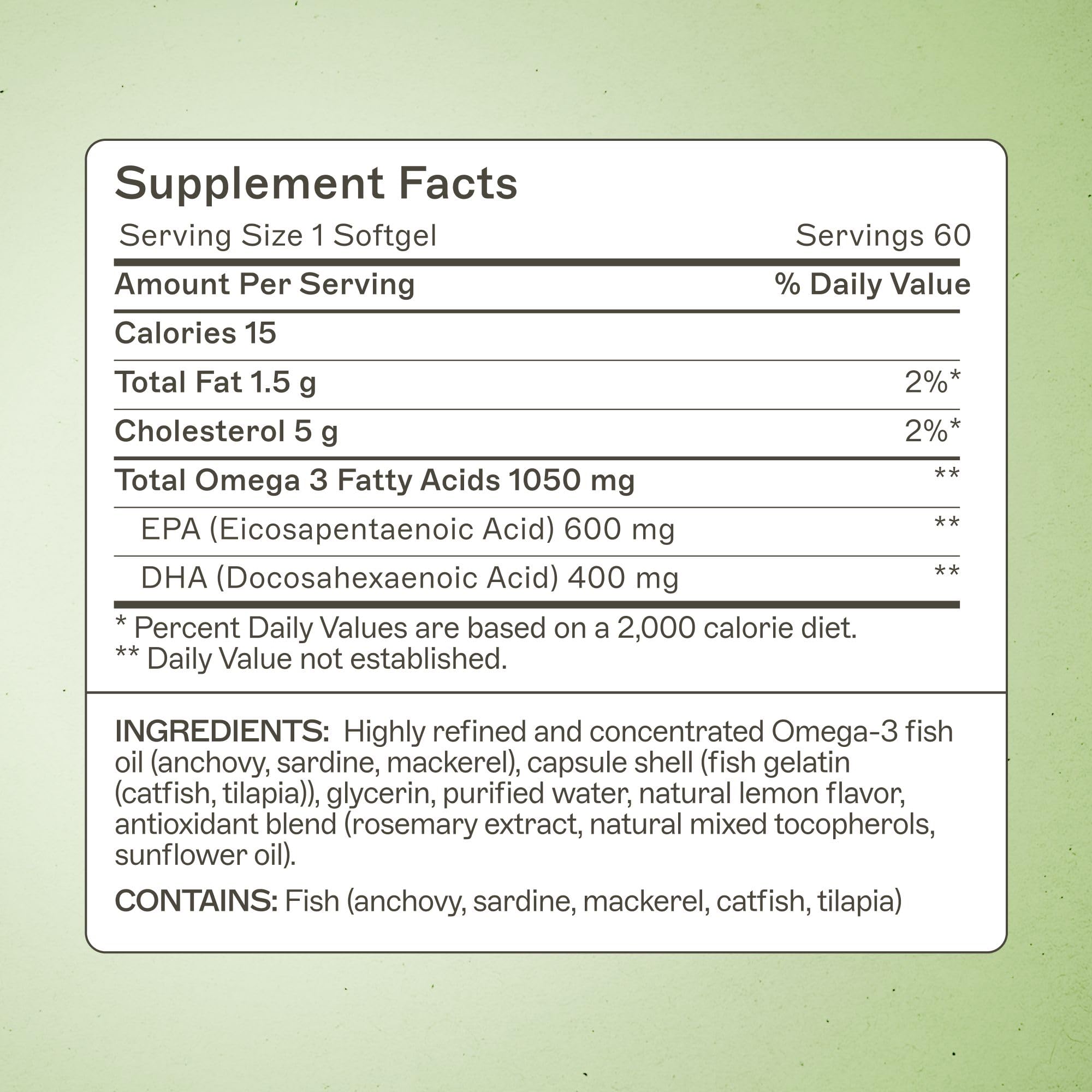 Close-up of omega-3 softgels showing 1000 mg EPA/DHA per softgel
