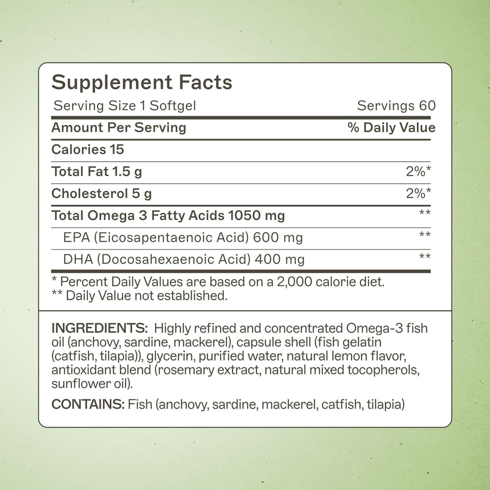 Close-up of omega-3 softgels showing 1000 mg EPA/DHA per softgel