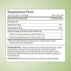Close-up of omega-3 softgels showing 1000 mg EPA/DHA per softgel