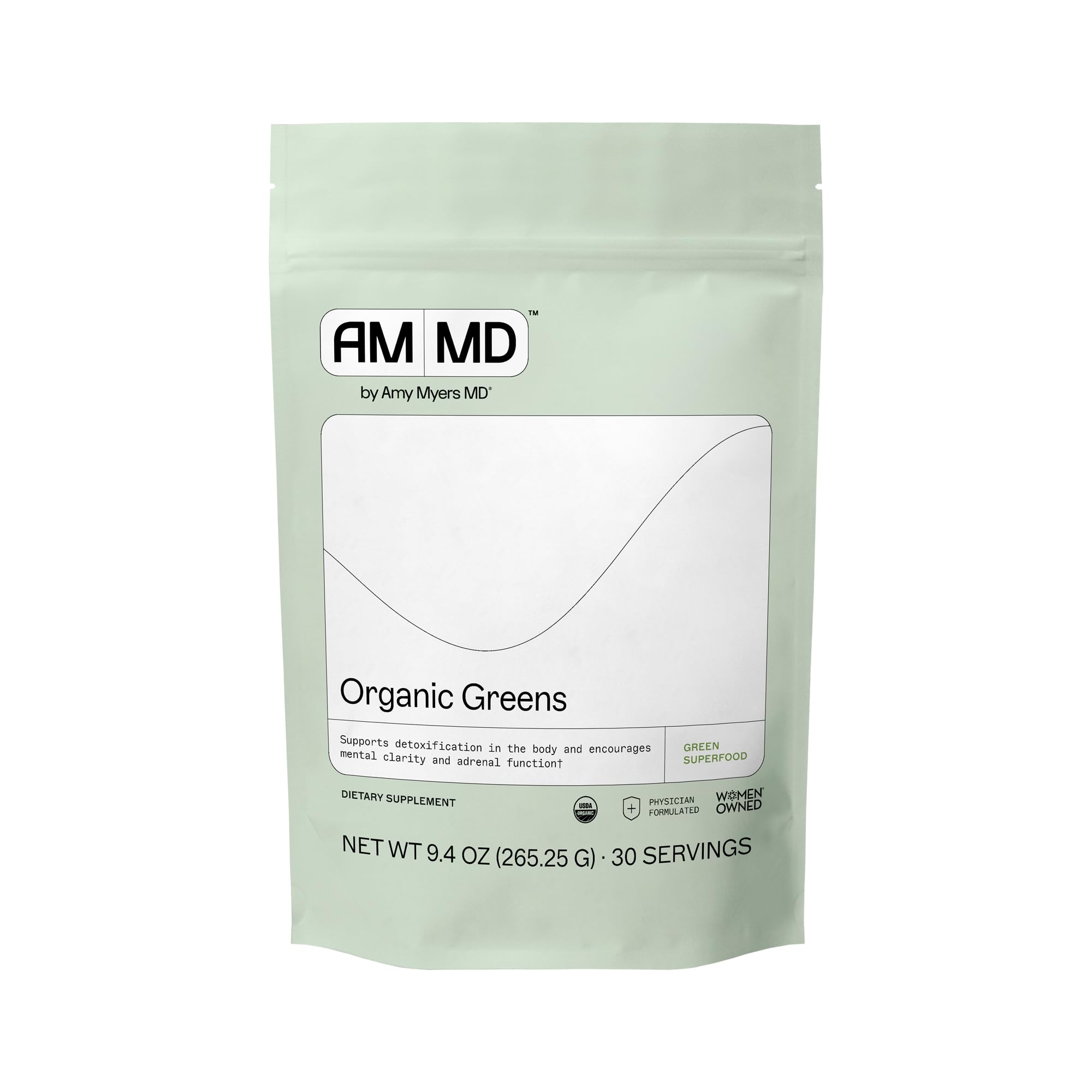 Amy Myers MD Organic Greens Powder 270g container with USDA Organic label