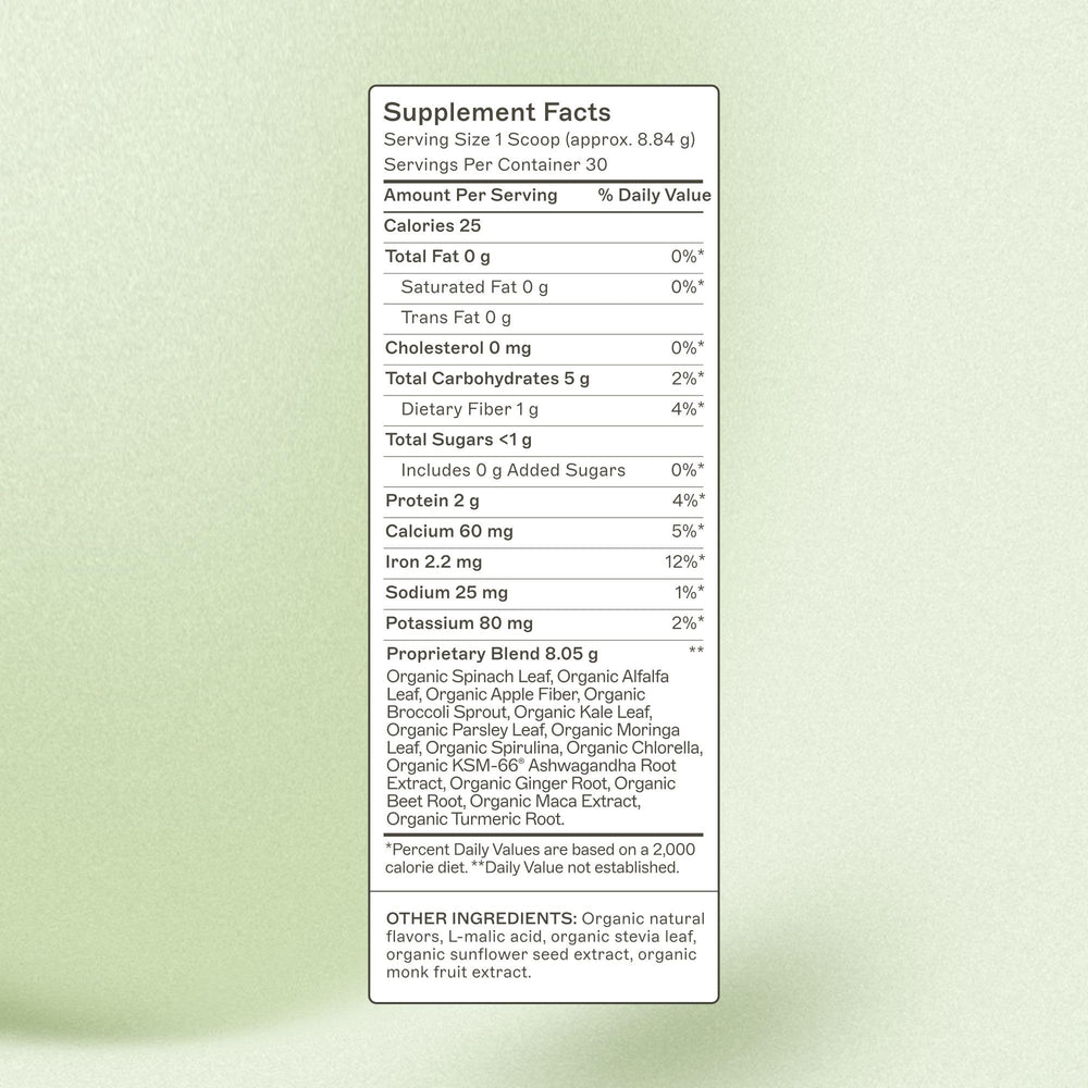 Spirulina, chlorella and barley grass ingredients in greens powder