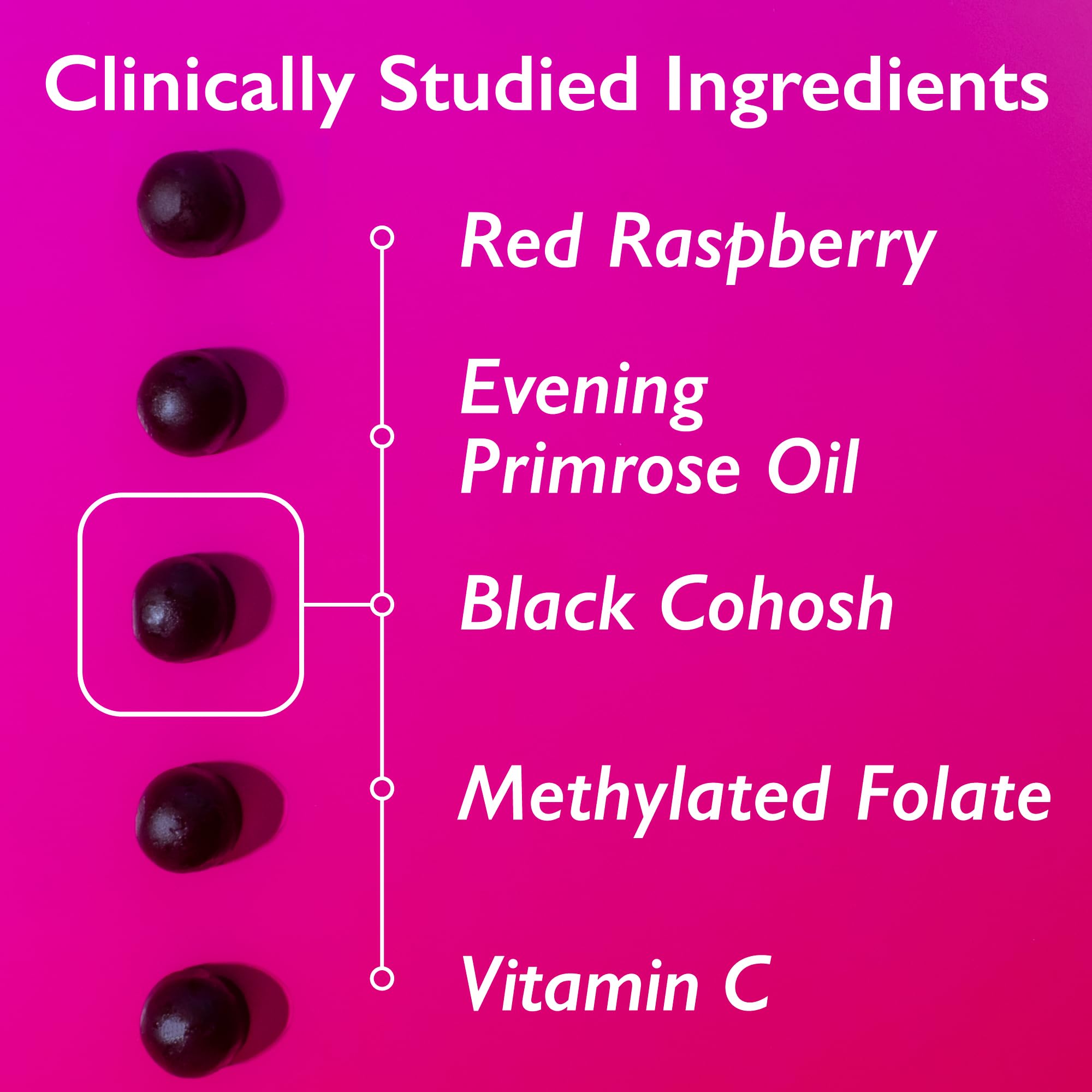 Ingredients shown: Red Raspberry Leaf, Evening Primrose Oil, Black Cohosh