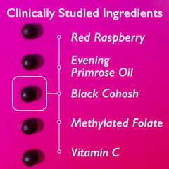 Ingredients shown: Red Raspberry Leaf, Evening Primrose Oil, Black Cohosh