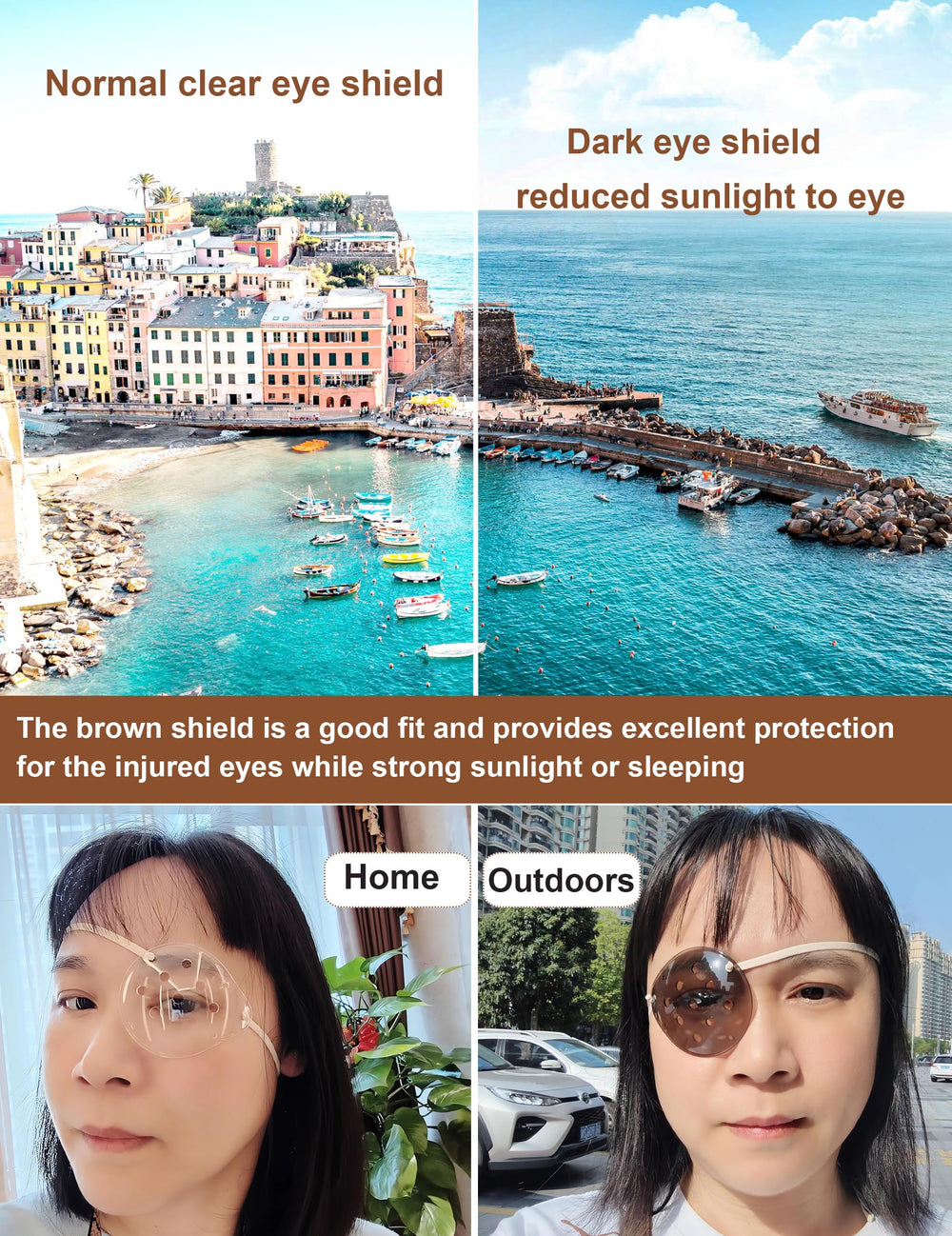 Adjustable brown elastic strap on AMZVIO eye shield
