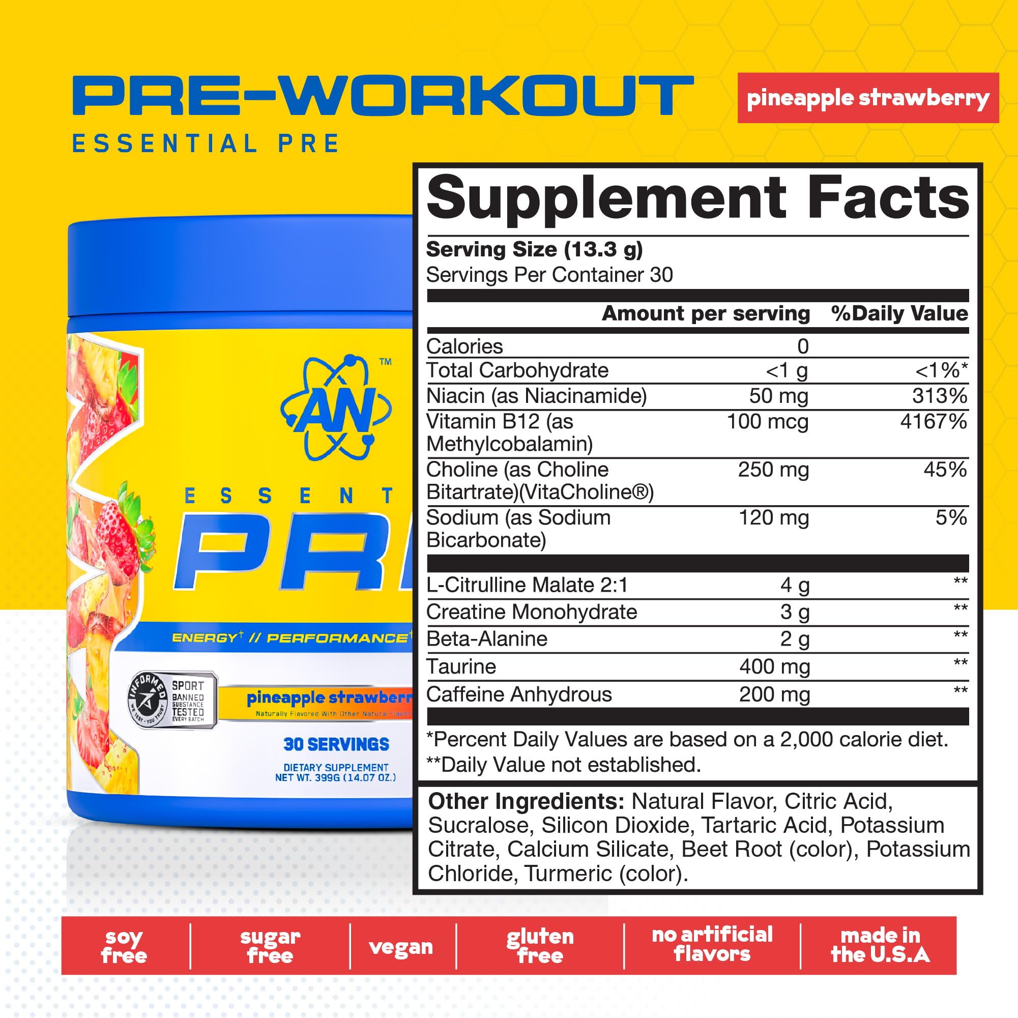 Close-up of Pineapple Strawberry flavor label on AN Essentials Pre-Workout