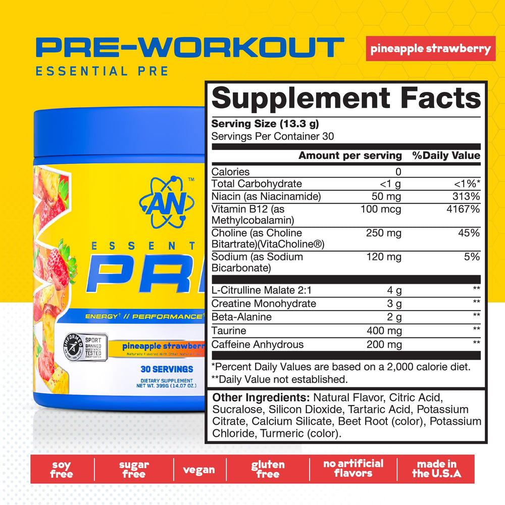 Close-up of Pineapple Strawberry flavor label on AN Essentials Pre-Workout
