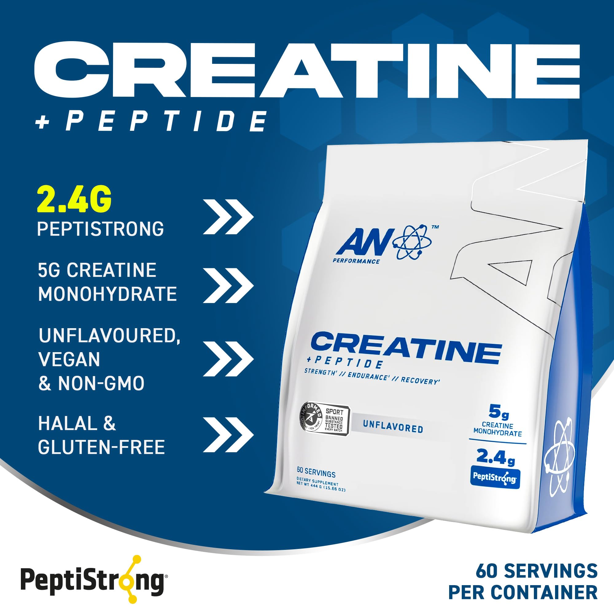 Close-up showing nutrition facts with 5g creatine monohydrate and 2.4g PeptiStrong per serving