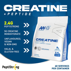 Close-up showing nutrition facts with 5g creatine monohydrate and 2.4g PeptiStrong per serving