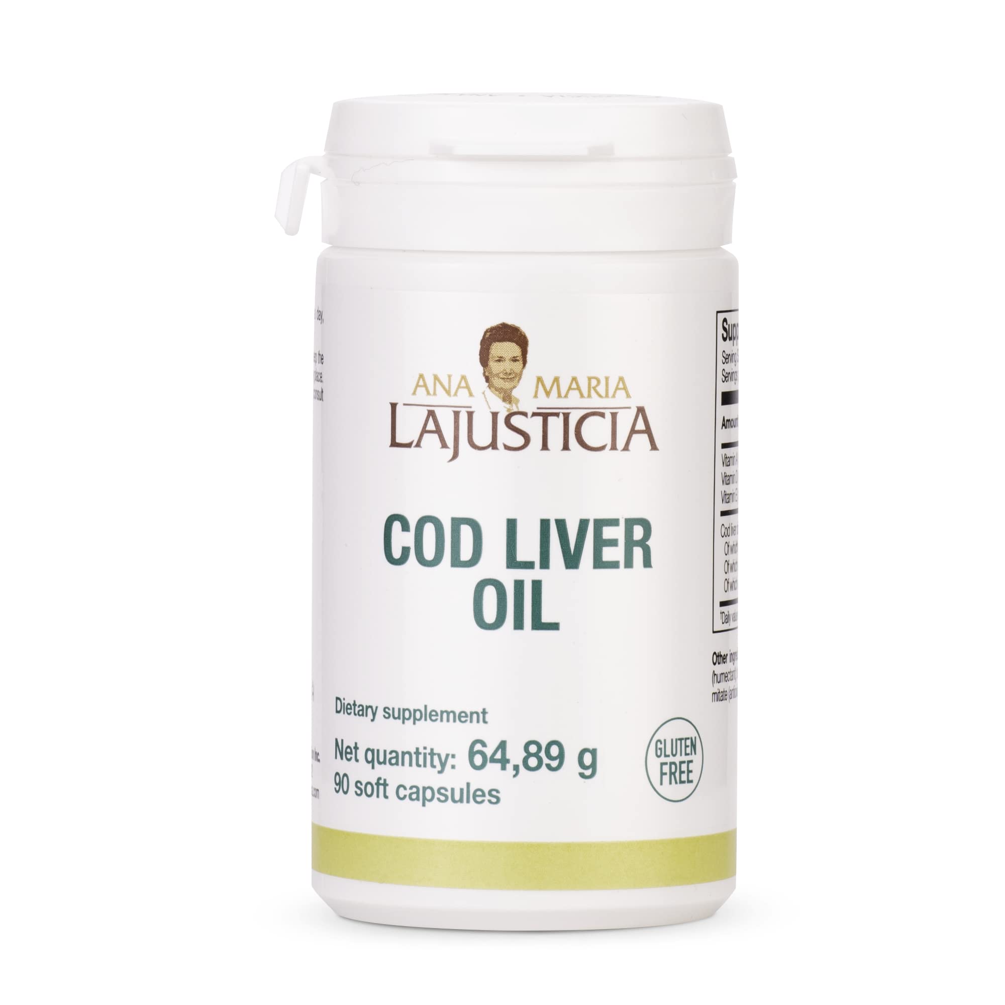 Bottle of ANA MARIA LAJUSTICIA Cod Liver Oil with Omega-3 and vitamins on a white background