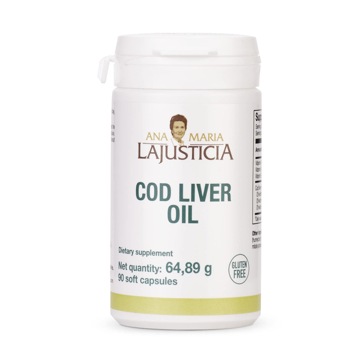 Bottle of ANA MARIA LAJUSTICIA Cod Liver Oil with Omega-3 and vitamins on a white background