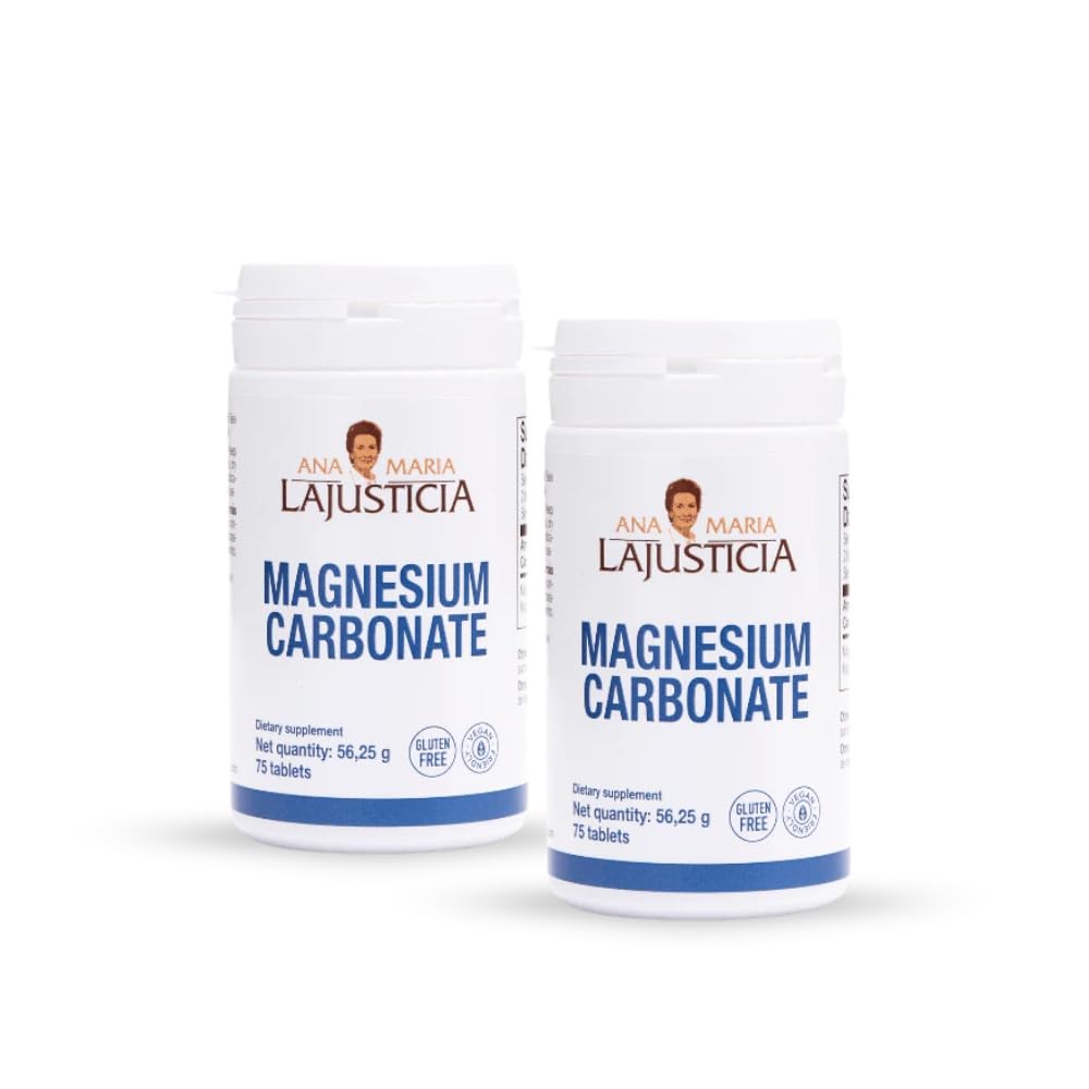 Front view of ANA Maria LAJUSTICIA Magnesium Carbonate bottle – two bottles included