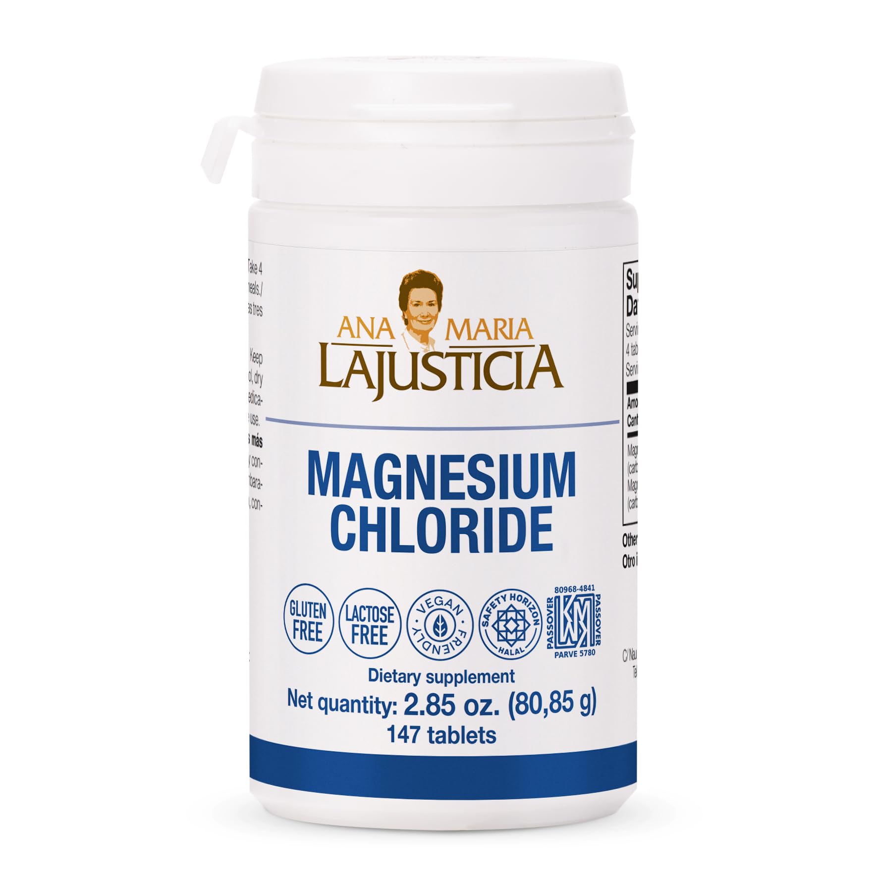 Front view of Ana Maria Lajusticia Magnesium Chloride 147 tabs bottle