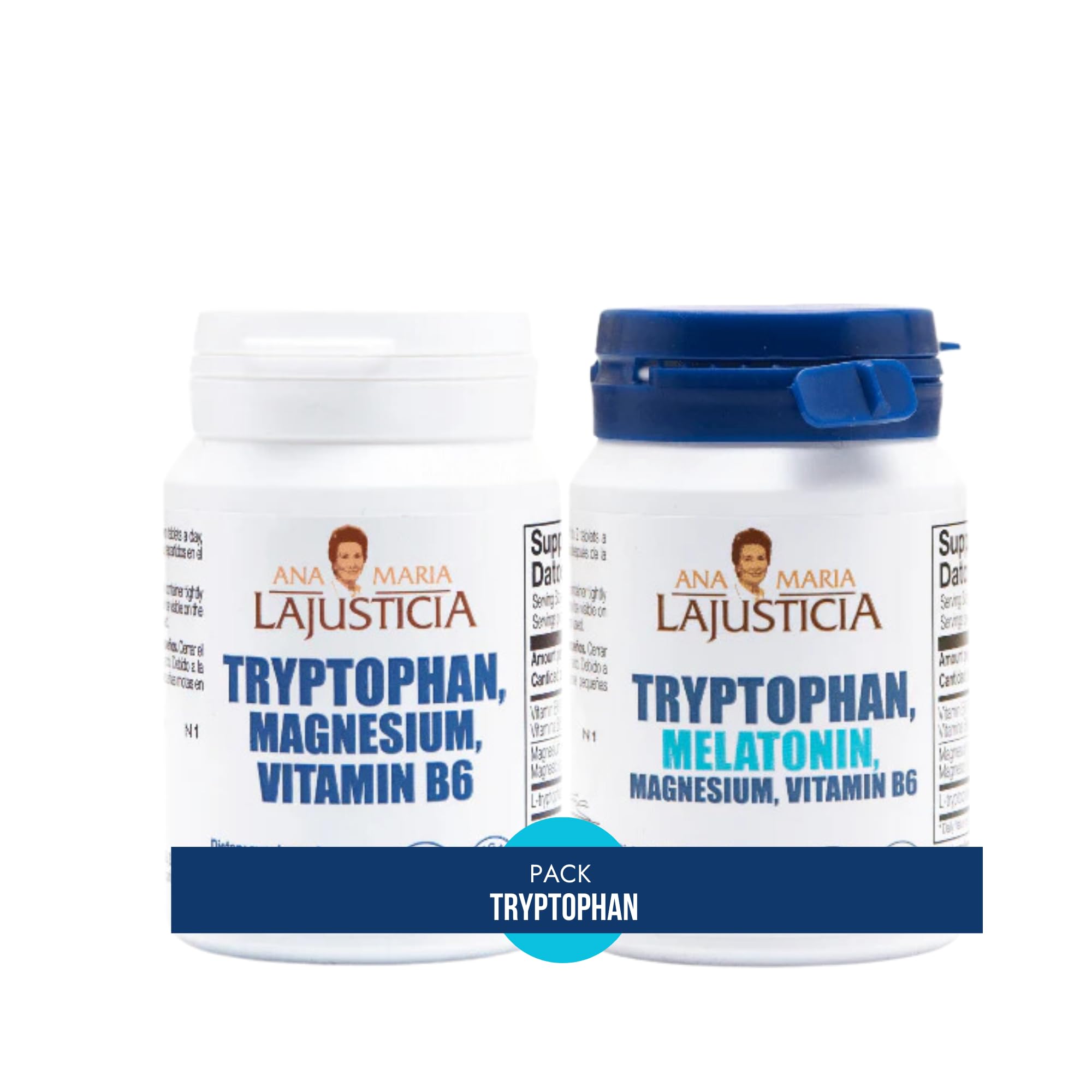 Bottle of Ana María Lajusticia Tryptophan Pack daytime formula (Tryptophan with Magnesium and Vitamin B6) packaging