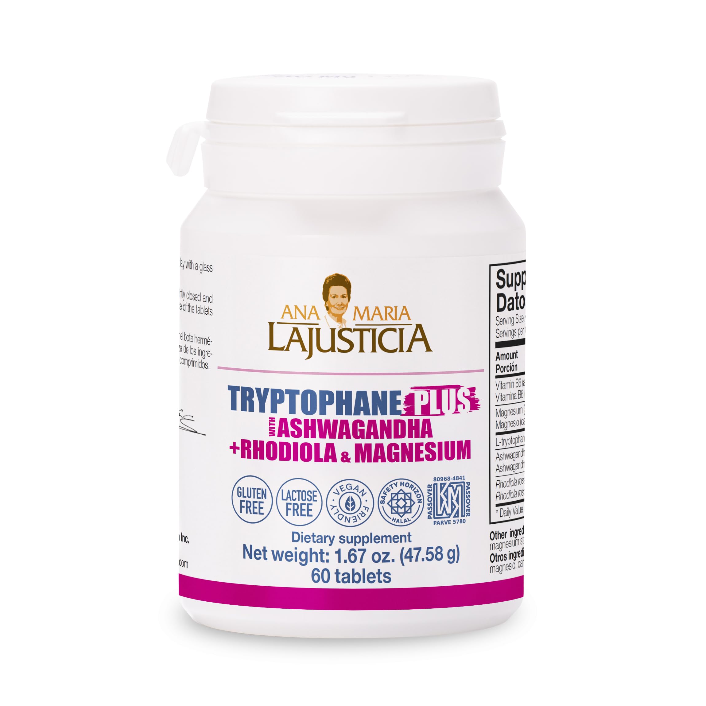 Ana María Lajusticia Tryptophane Plus Ashwagandha bottle label – 60 tablets