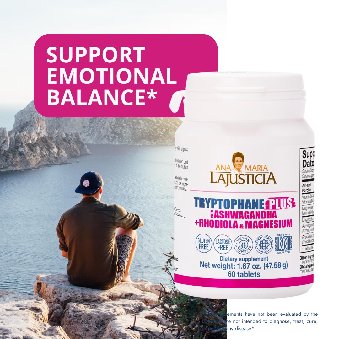 Close-up of bottle showing supplement blend of L-Tryptophan, Ashwagandha, Rhodiola and Magnesium