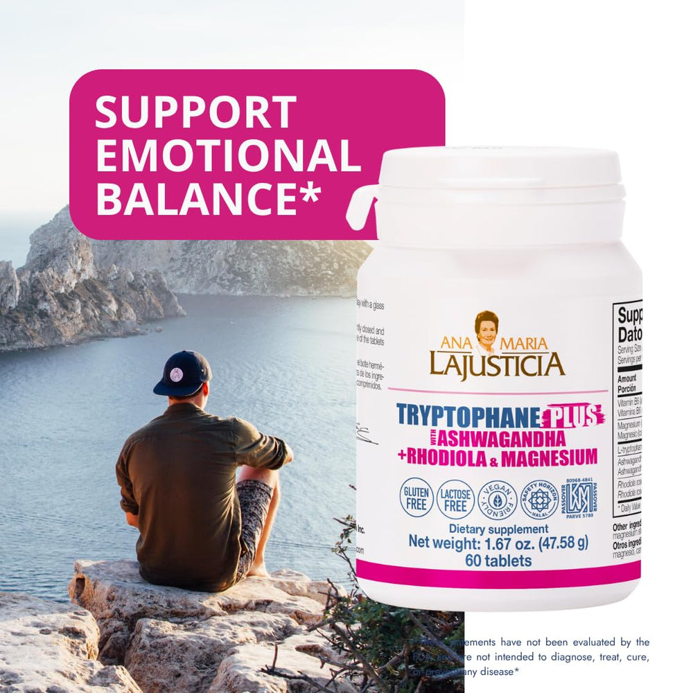 Close-up of bottle showing supplement blend of L-Tryptophan, Ashwagandha, Rhodiola and Magnesium