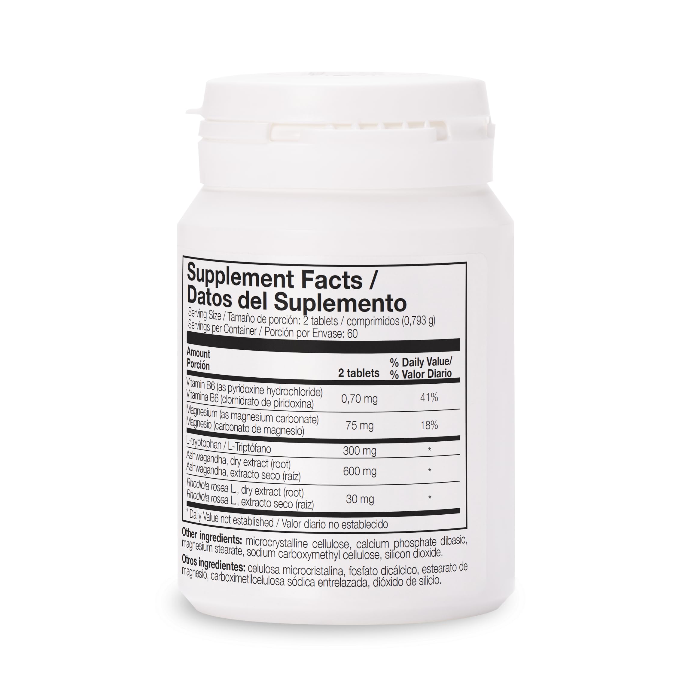 Ingredient list: L-Tryptophan, Ashwagandha, Rhodiola, Magnesium
