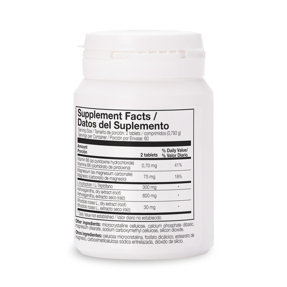 Ingredient list: L-Tryptophan, Ashwagandha, Rhodiola, Magnesium