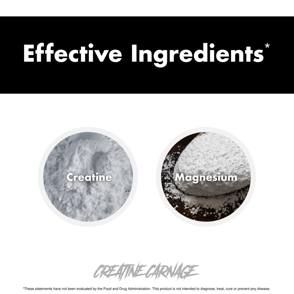 Tub-top close-up of Creatine Carnage highlighting premium formula.