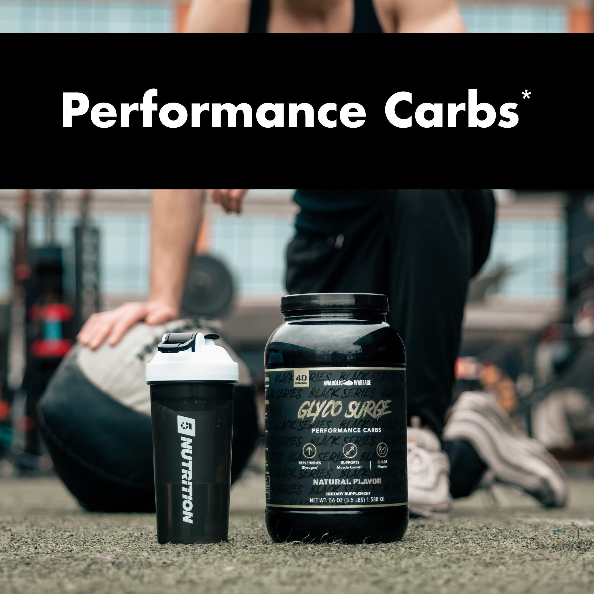 Anabolic Warfare Glyco Surge lean-muscle focus visual hints at growth potential after training.