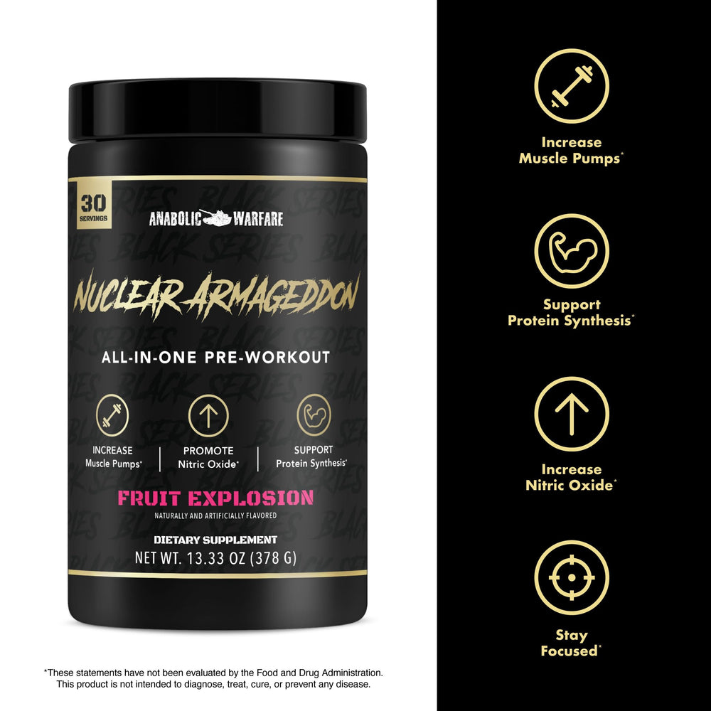 Close-up of Nuclear Armageddon label highlighting L-Citrulline, Beta-Alanine, and caffeine for enhanced workouts.