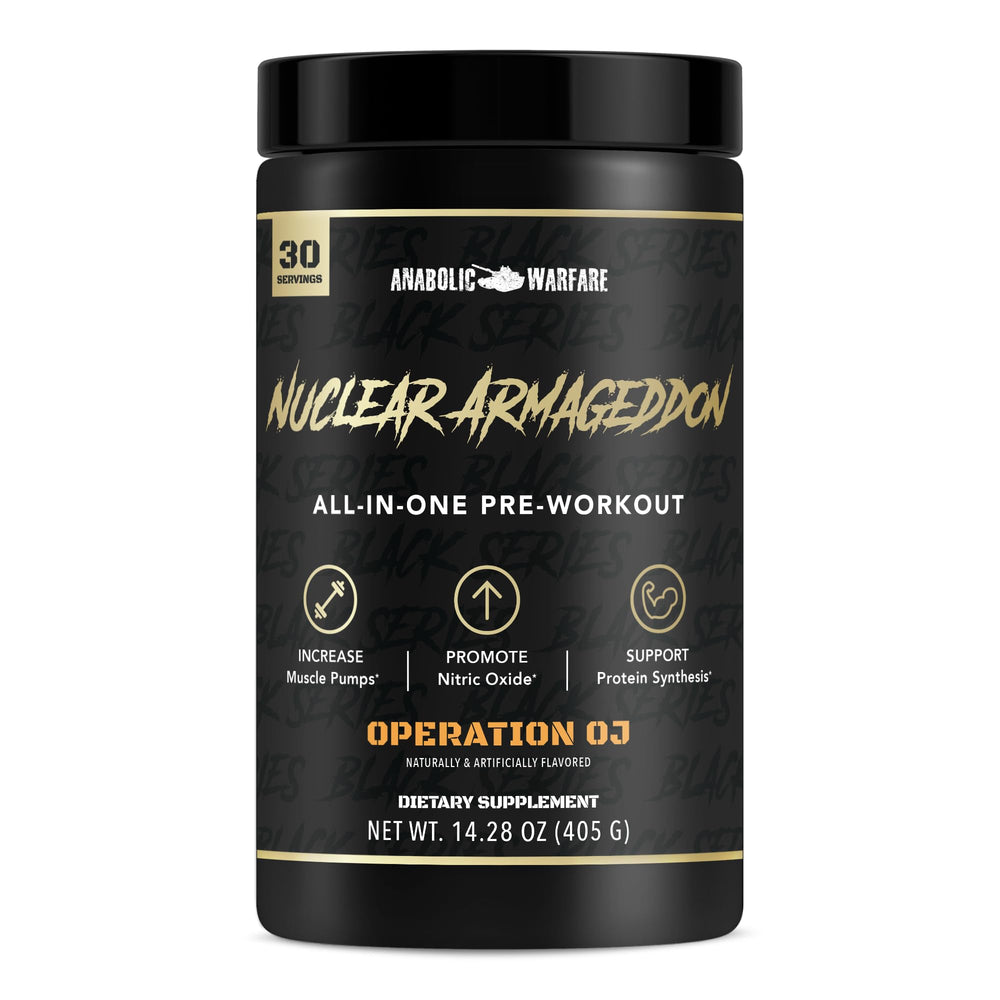 Anabolic Warfare Nuclear Armageddon powder tub with orange juice flavor for energized pre-workout sessions.