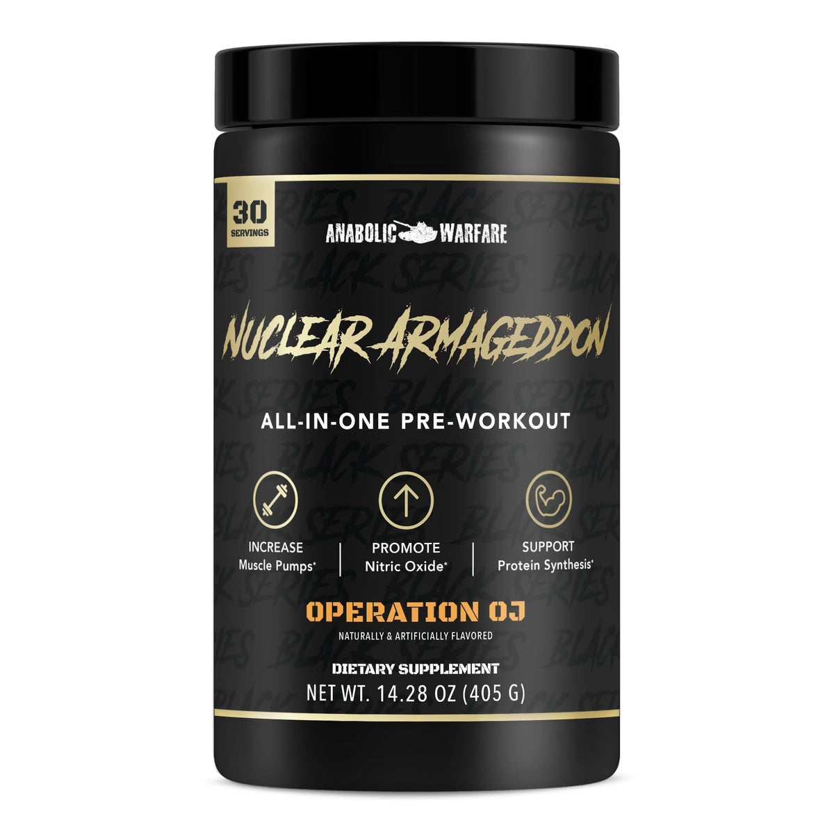 Anabolic Warfare Nuclear Armageddon powder tub with orange juice flavor for energized pre-workout sessions.