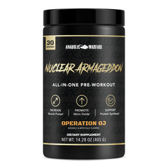 Anabolic Warfare Nuclear Armageddon powder tub with orange juice flavor for energized pre-workout sessions.