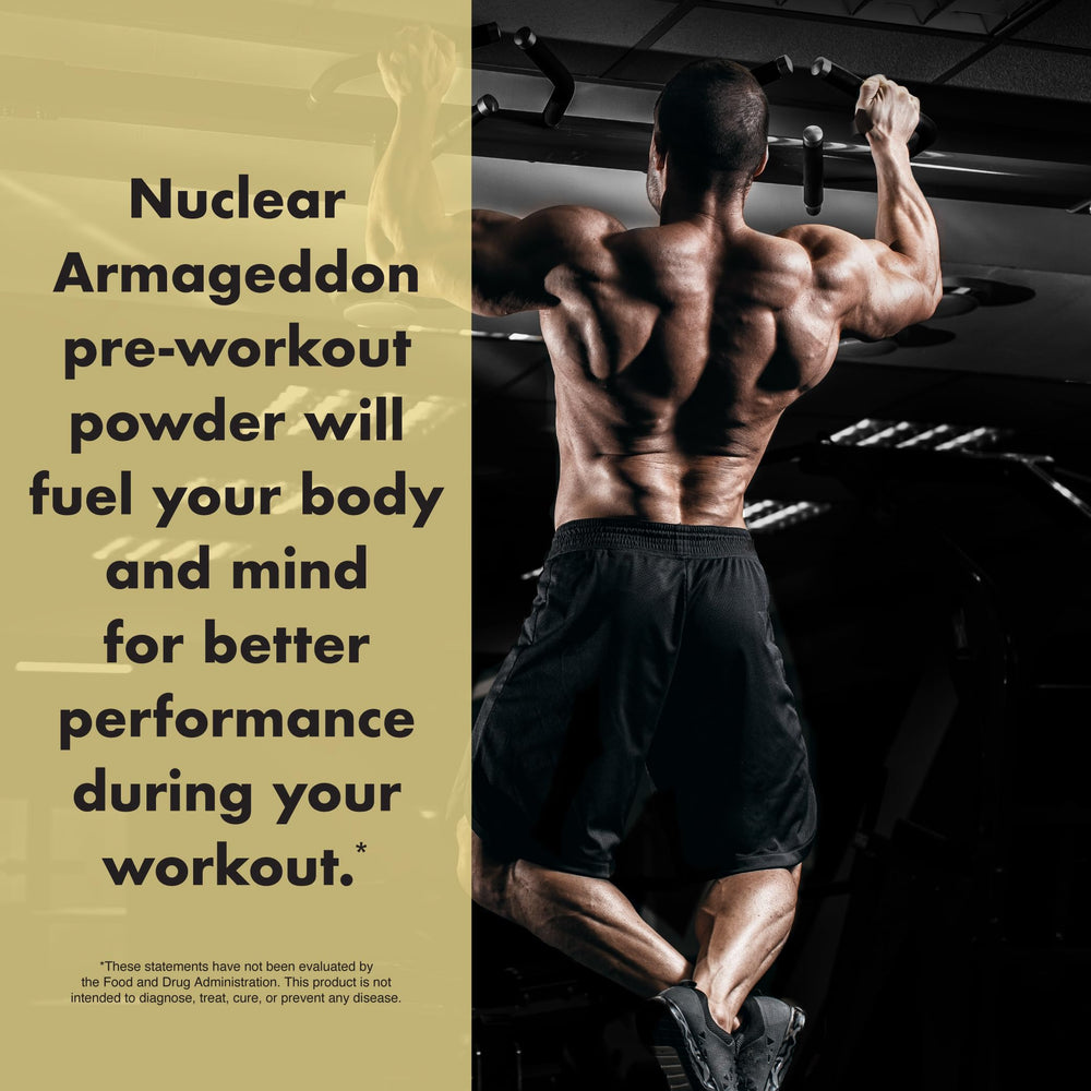 Athlete mid-lift with Nuclear Armageddon in view for a training-focused scene.