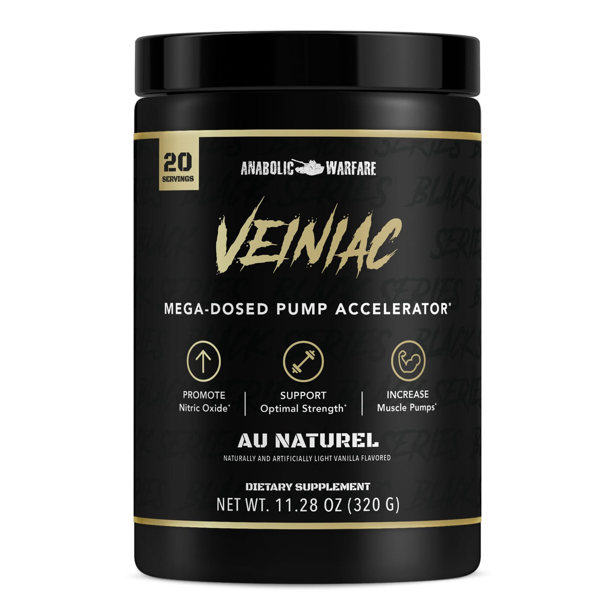 Anabolic Warfare Veiniac bottle pours powder for nitric oxide support during workouts.