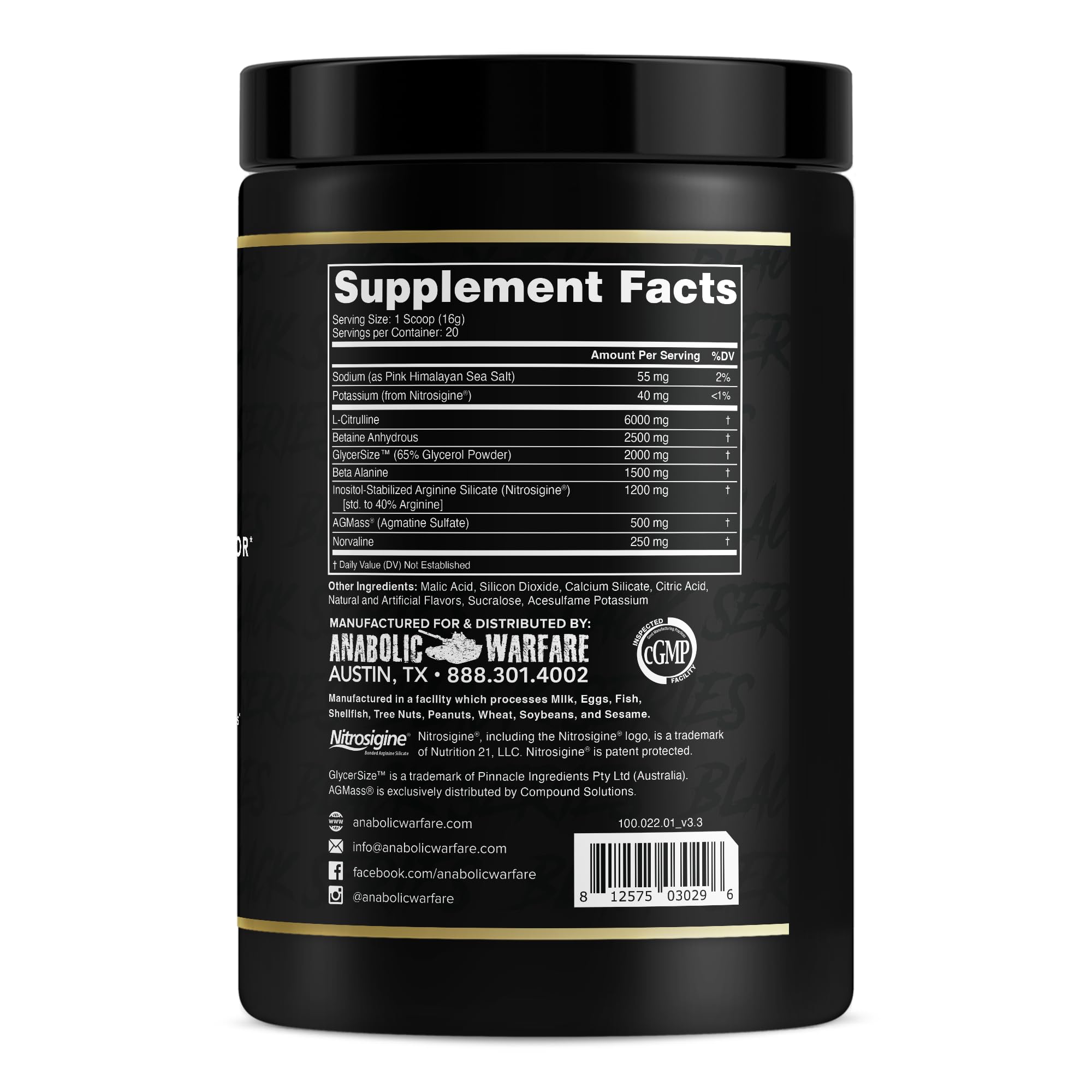 Veiniac label closeup highlights L-Citrulline and AGMass for pump potential.